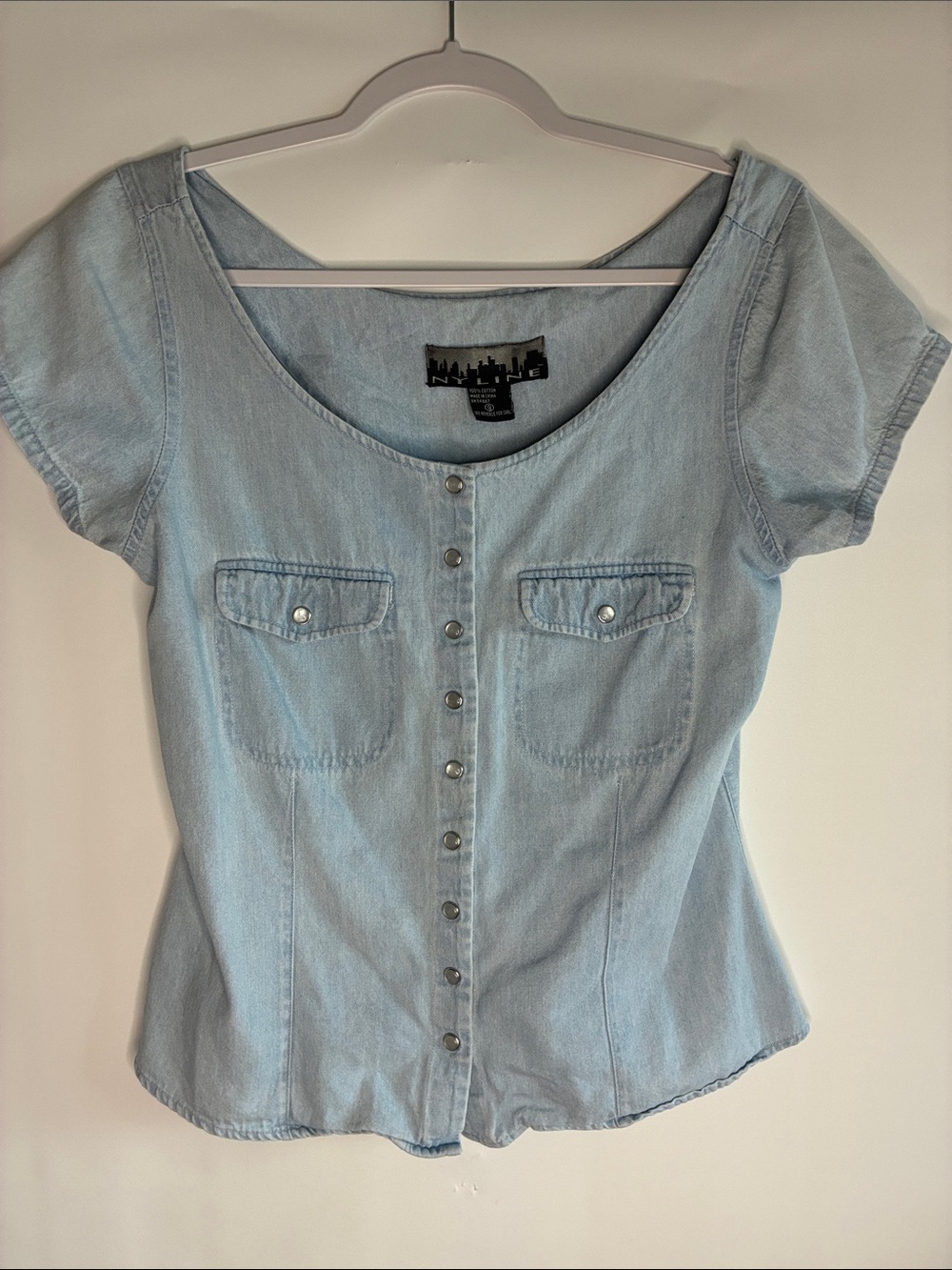 NY Line Light Blue Denim Snap-Front Women's Top with Chest Pockets